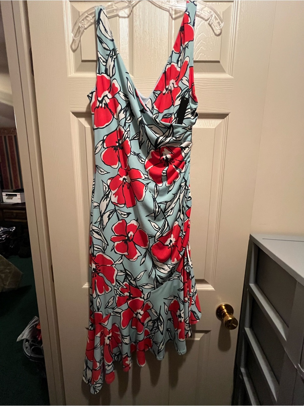 Maggy London floral jersey midi dress, aqua w/red poppy print, Asymmetrical
